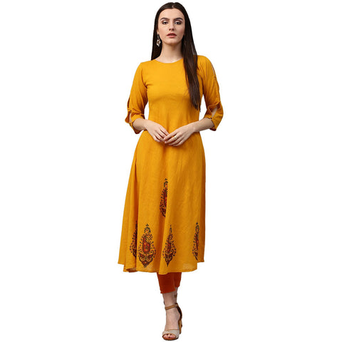 Yellow Block printed 3/4th sleeve cotton A-line kurta