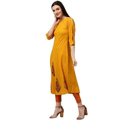 Yellow Block printed 3/4th sleeve cotton A-line kurta