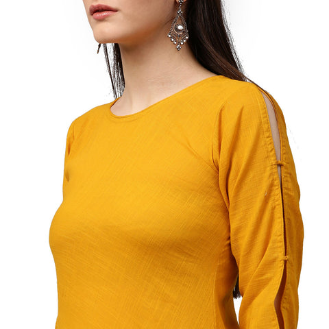 Yellow Block printed 3/4th sleeve cotton A-line kurta