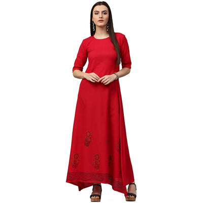 Red block print half sleeve cotton A-line kurta
