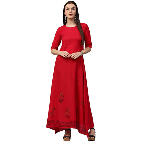 Red block print half sleeve cotton A-line kurta