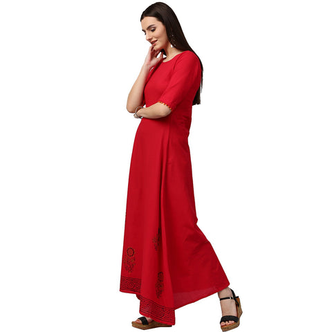 Red block print half sleeve cotton A-line kurta