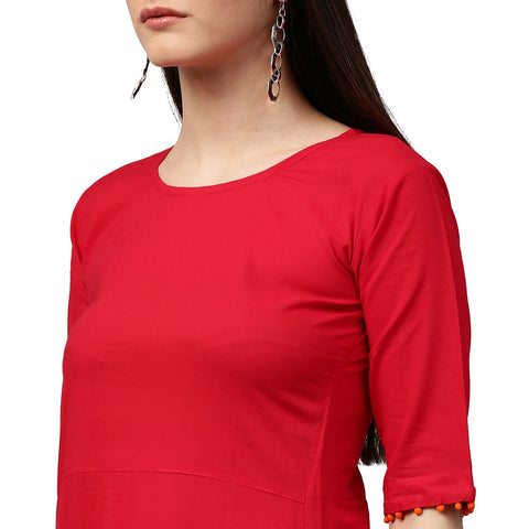Red block print half sleeve cotton A-line kurta