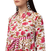 White floral printed 3/4th sleeve cotton Anarkali kurta