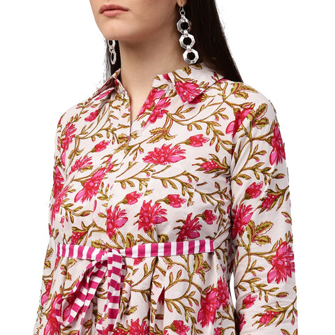 White floral printed 3/4th sleeve cotton Anarkali kurta