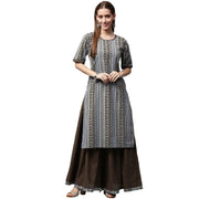 Grey printed half sleeve cotton kurta with black skirt