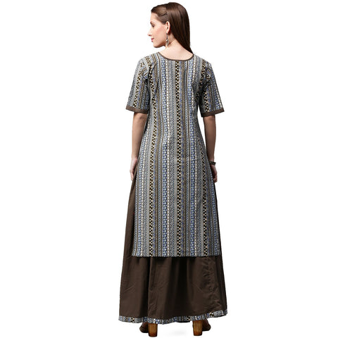 Grey printed half sleeve cotton kurta with black skirt