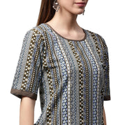 Grey printed half sleeve cotton kurta with black skirt