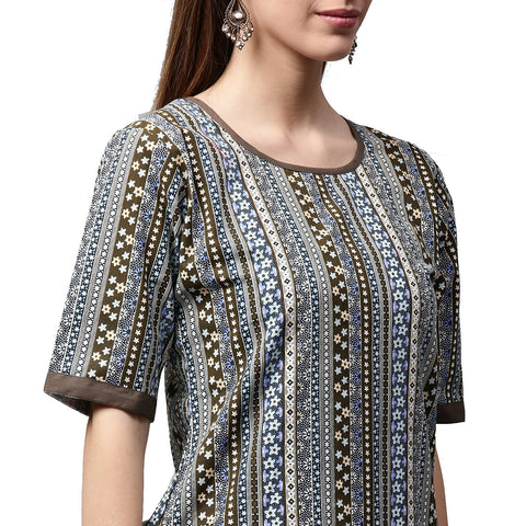 Grey printed half sleeve cotton kurta with black skirt