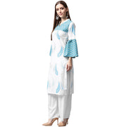 White and blue printed 3/4th flared sleeve cotton kurta