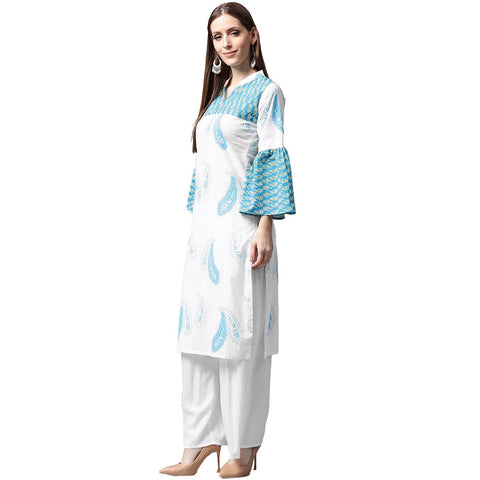 White and blue printed 3/4th flared sleeve cotton kurta