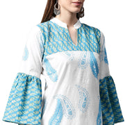 White and blue printed 3/4th flared sleeve cotton kurta