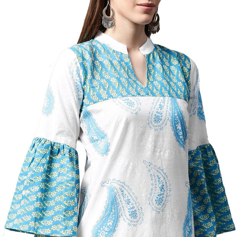 White and blue printed 3/4th flared sleeve cotton kurta