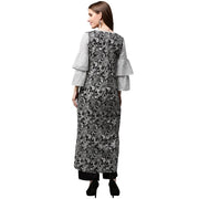 White printed 3/4th sleeve cotton A-line kurta with black printed jacket