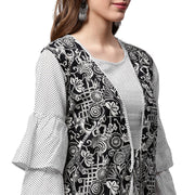 White printed 3/4th sleeve cotton A-line kurta with black printed jacket