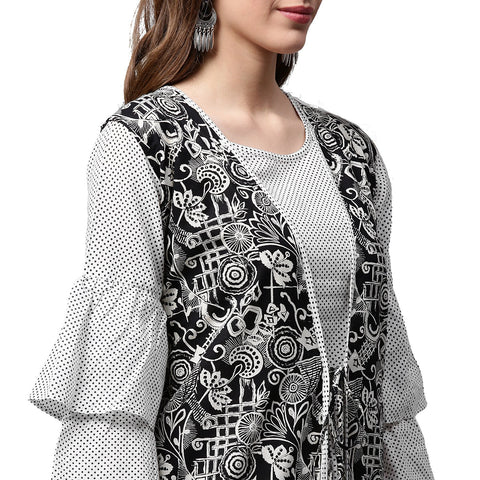 White printed 3/4th sleeve cotton A-line kurta with black printed jacket