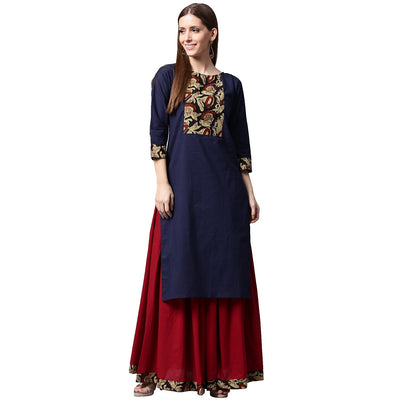 Blue printed 3/4th sleeve cotton kurta with maroon skirt