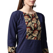 Blue printed 3/4th sleeve cotton kurta with maroon skirt