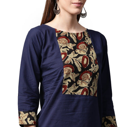 Blue printed 3/4th sleeve cotton kurta with maroon skirt