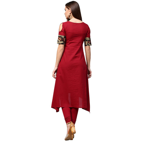 Maroon printed half sleeve cotton kurta
