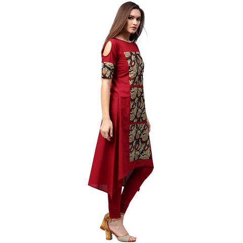 Maroon printed half sleeve cotton kurta