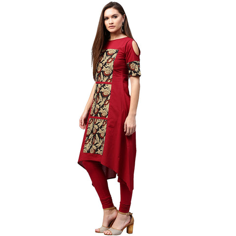 Maroon printed half sleeve cotton kurta