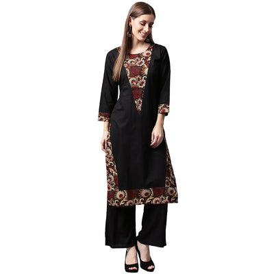 Black printed 3/4th sleeve cotton kurta