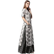 Grey printed half sleeve cotton kurta with black printed skirt