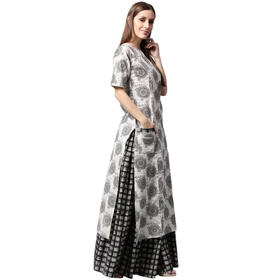 Grey printed half sleeve cotton kurta with black printed skirt