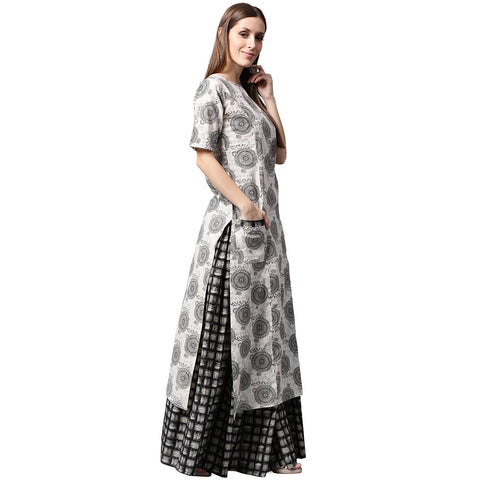 Grey printed half sleeve cotton kurta with black printed skirt