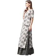 Grey printed half sleeve cotton kurta with black printed skirt