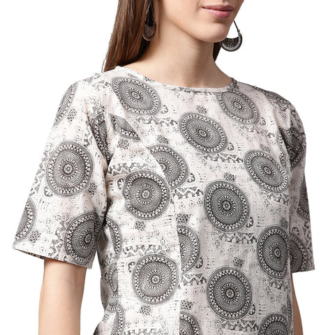 Grey printed half sleeve cotton kurta with black printed skirt