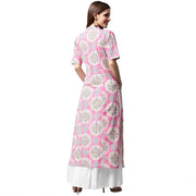 Pink printed half sleeve cotton A-line kurta with white skirt