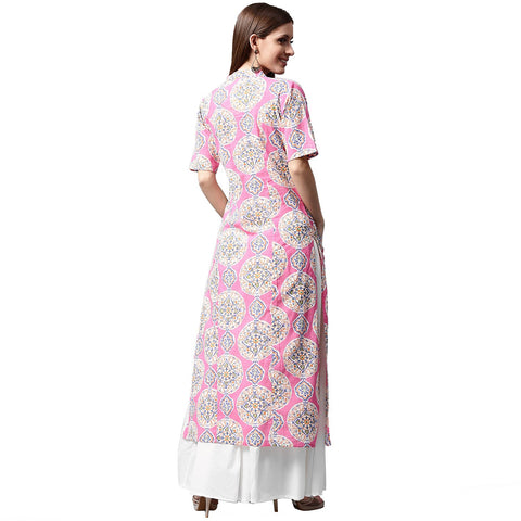 Pink printed half sleeve cotton A-line kurta with white skirt