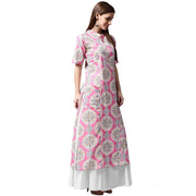 Pink printed half sleeve cotton A-line kurta with white skirt