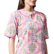 Pink printed half sleeve cotton A-line kurta with white skirt