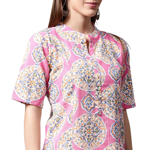 Pink printed half sleeve cotton A-line kurta with white skirt