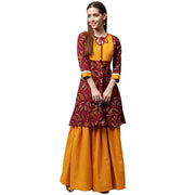 Red printed 3/4th sleeve cropped anarkali kurta with yellow printed skirt