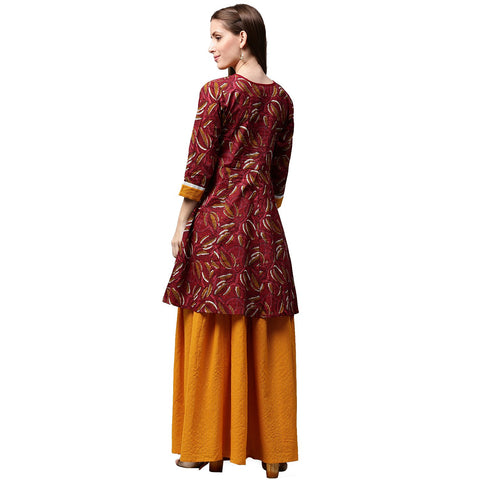 Red printed 3/4th sleeve cropped anarkali kurta with yellow printed skirt