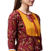 Red printed 3/4th sleeve cropped anarkali kurta with yellow printed skirt