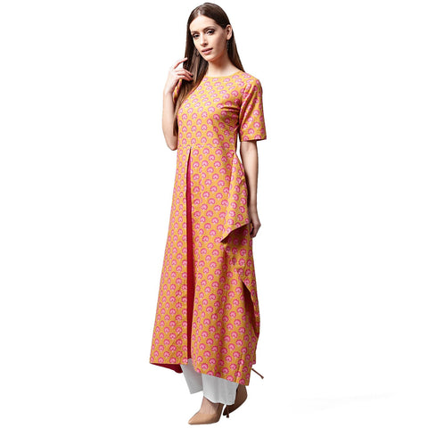 Yellow printed half sleeve cotton A-line kurta