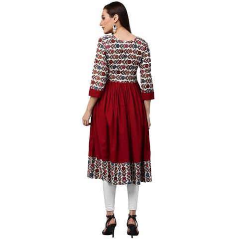 Maroon printed 3/4th sleeve cotton Anarkali kurta