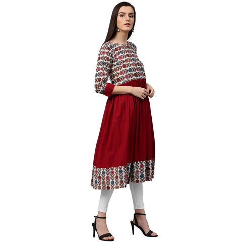 Maroon printed 3/4th sleeve cotton Anarkali kurta