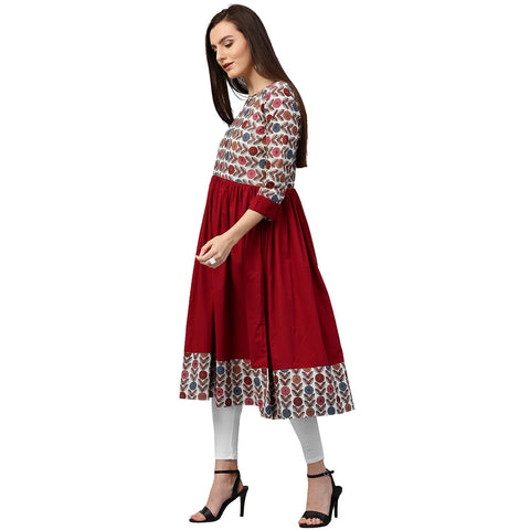 Maroon printed 3/4th sleeve cotton Anarkali kurta