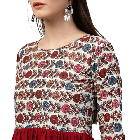 Maroon printed 3/4th sleeve cotton Anarkali kurta