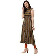 Green printed sleeveless cotton A-line kurta