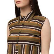 Green printed sleeveless cotton A-line kurta