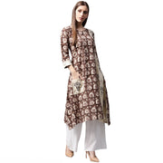 Coffee brown printed 3/4th sleeve cotton kurta with side pocket