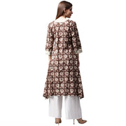 Coffee brown printed 3/4th sleeve cotton kurta with side pocket