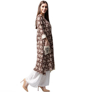 Coffee brown printed 3/4th sleeve cotton kurta with side pocket